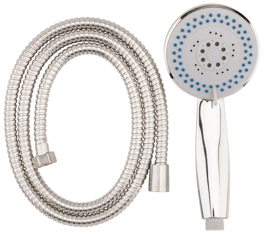 Handhållen dusch med kromfinish, flera strålmönster och flexibel metallslang. Blå munstycken ger jämn vattenspridning. Inkluderar slangkopplingar för enkel installation.