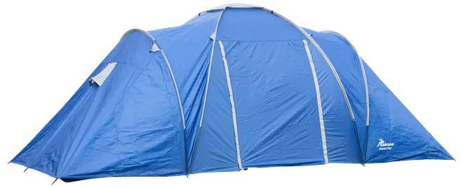 Stor blå kuppeltelt med hvid kant, flere lynlåsdøre og ventilationsvinduer. Fremstillet af vandtæt materiale, ideel til camping. Rummeligt design med plads til flere personer.