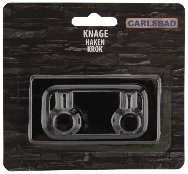 Dobbelt vægkrog i blank krom, rektangulær base, to runde kroge, velegnet til ophæng af håndklæder eller jakker. Leveres på sort papbaggrund.