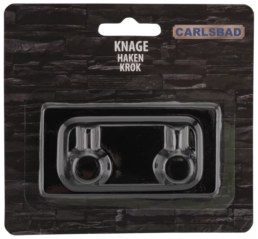 Dubbel väggkrok i blank krom, rektangulär bas, två runda krokar, passar för handdukar eller jackor. Förpackad på svart kartong.
