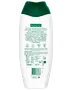 750 ml Palmolive duschkräm i vit flaska med grön flip-top-kork. Baksidan visar produktinformation, ingredienser och bruksanvisning på flera språk.