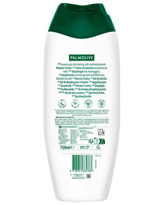 750 ml Palmolive duschkräm i vit flaska med grön flip-top-kork. Baksidan visar produktinformation, ingredienser och bruksanvisning på flera språk.