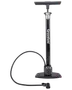 Tall, black manual pump with a wide T-shaped handle, sturdy base for stability, and a long flexible hose. Features a built-in pressure gauge near the base for accurate inflation and a dual-valve head compatible with different types of tire valves. The brand name 'Greenfield' is printed vertically on the main tube.