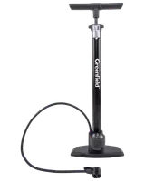 Tall, black manual pump with a wide T-shaped handle, sturdy base for stability, and a long flexible hose. Features a built-in pressure gauge near the base for accurate inflation and a dual-valve head compatible with different types of tire valves. The brand name 'Greenfield' is printed vertically on the main tube.