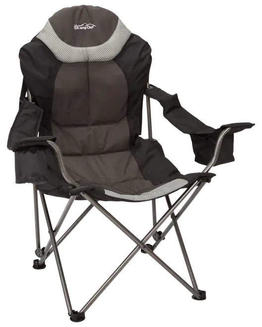 Hopfällbar campingstol med vadderad sits och ryggstöd, nät-huvudstöd, robust metallram samt armstöd med inbyggda mugghållare. Lämplig för utomhusbruk och enkel att bära.