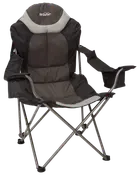 Sammenklappelig campingstol med polstret sæde og ryg, net-hovedstøtte, robust metalstel og armlæn med indbyggede kopholdere. Velegnet til udendørs brug og nem at transportere.