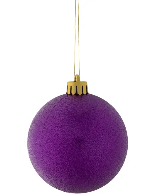 Lilla julekugle med mat overflade, guldfarvet top og ophængssnor. Elegant og enkel dekoration til juletræet. Let og brudsikkert materiale.