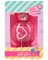 Lyserød hjerteformet parfume med teksten 'Candy Explosion Glazed Sugar Eau de Toilette', egnet til børn fra 6 år, pakket i farverig æske med sliktema og slikkepinde.