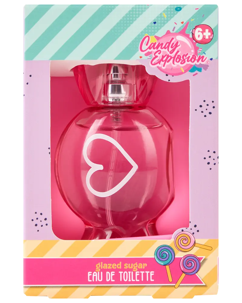 Lyserød hjerteformet parfume med teksten 'Candy Explosion Glazed Sugar Eau de Toilette', egnet til børn fra 6 år, pakket i farverig æske med sliktema og slikkepinde.