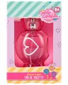 Rosa hjärtformad parfymflaska med texten 'Candy Explosion Glazed Sugar Eau de Toilette', för barn från 6 år, i färgglad godisinspirerad förpackning med klubbor.