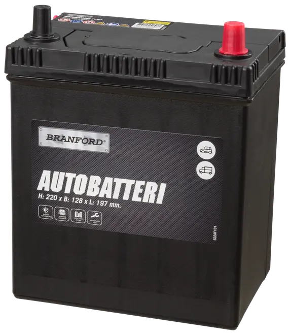 Rektangulær sort bilbatteri med tydeligt markerede poler, egnet til biler og varevogne. Mål: 220 x 128 x 197 mm. Mærke: Branford. Robust plastkabinet.