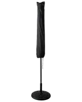 Hög svart terrassparaply med rund bas, visas stängd med skyddshölje. Passar utomhusbruk, ger skugga när den är öppen. Stilren, modern design för trädgård eller uteplats.