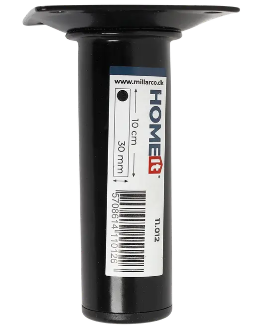 Sort metal møbelben, 10 cm højde, 30 mm diameter, rund form med monteringsplade øverst. Veleg s til borde eller skabe. Med stregkode og produktmærkat.