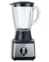 Elektrisk blender med klar glaskande, sort låg og base i rustfrit stål. Har håndtag, hældetud og drejeknap med flere hastigheder. Moderne og stilrent design.