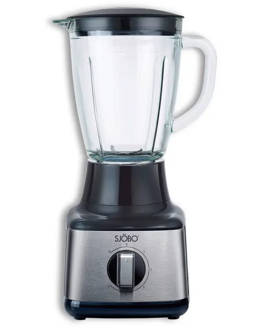 Elektrisk blender med klar glaskande, sort låg og base i rustfrit stål. Har håndtag, hældetud og drejeknap med flere hastigheder. Moderne og stilrent design.