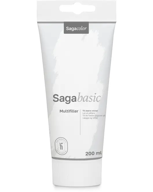Sagacolor Sagabasic Multifiller, 200 mL tube. Hvid plastemballage med grå detaljer, skruelåg, egnet til større revner i vægge og lofter. Let at påføre.