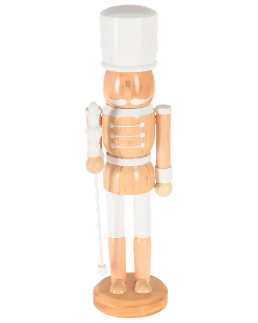 Trä-nötknäpparfigur med vit hatt, persiko- och vit uniform, rund bas och liten stav.