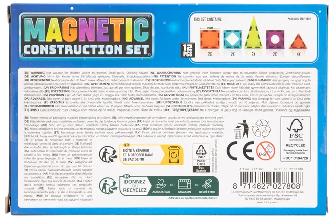 Magnetiskt byggset med 12 delar: 2 fyrkanter, 2 diamanter, 2 trianglar, 4 små trianglar, 2 långa trianglar. Färger kan variera. För kreativt byggande.