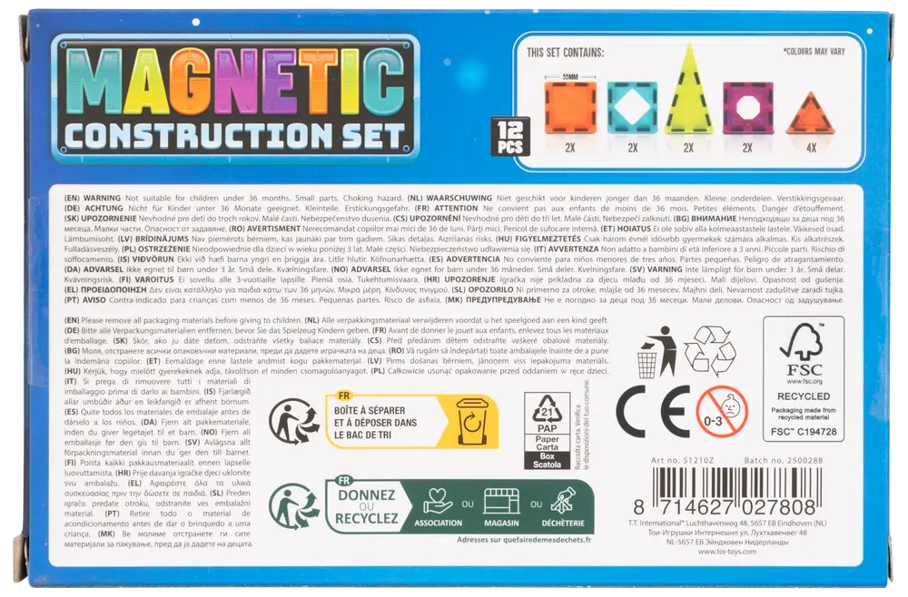 Magnetiskt byggset med 12 delar: 2 fyrkanter, 2 diamanter, 2 trianglar, 4 små trianglar, 2 långa trianglar. Färger kan variera. För kreativt byggande.
