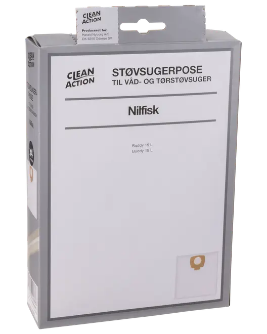 Clean Action dammsugarpåsar för våt- och torrsugare Nilfisk, passar Buddy 15L och 18L. Förpackningen innehåller ersättningspåsar för effektiv dammsugning och dammuppsamling.