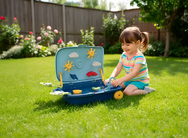 Bærbart vandleg-bord til børn med blå kuffert, sol- og skydekorationer samt interaktive vandfunktioner. Inkluderer små tilbehør. Velegnet til udendørs brug, nem at transportere.