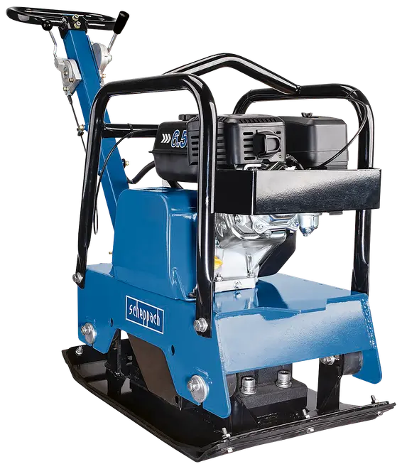 Blå Scheppach jordkomprimeringsmaskine med 6,5 HK motor, robust stålkonstruktion, beskyttelsesbøjler og ergonomisk håndtag. Velegnet til komprimering af jord, grus eller asfalt.
