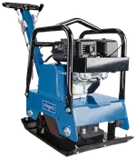 Blå Scheppach jordkomprimeringsmaskine med 6,5 HK motor, robust stålkonstruktion, beskyttelsesbøjler og ergonomisk håndtag. Velegnet til komprimering af jord, grus eller asfalt.