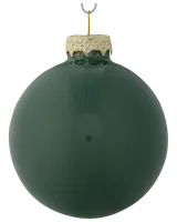 Blank mörkgrön julgranskula i glas med guldfärgad metallkrona och upphängningskrok, slät yta, klassisk rund form, perfekt för julgransdekoration.