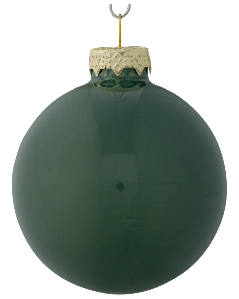 Blank mörkgrön julgranskula i glas med guldfärgad metallkrona och upphängningskrok, slät yta, klassisk rund form, perfekt för julgransdekoration.
