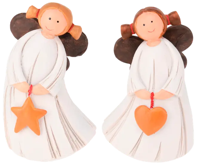 Två änglafigurer med bruna vingar, vita klänningar och orange tofsar. En håller en stjärna, den andra ett hjärta. Tillverkade av målad keramik eller resin.