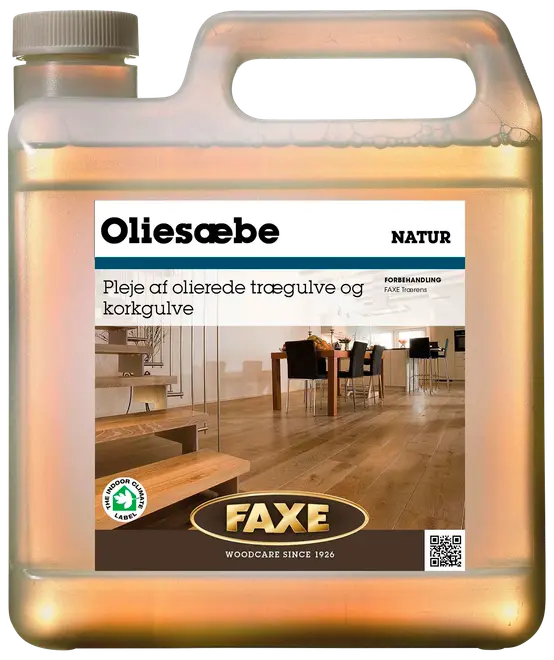 FAXE Oliesæbe Natur, 2,5L plastdunk, til pleje og rengøring af olierede trægulve og korkgulve. Indendørs brug, med praktisk håndtag og skruelåg.