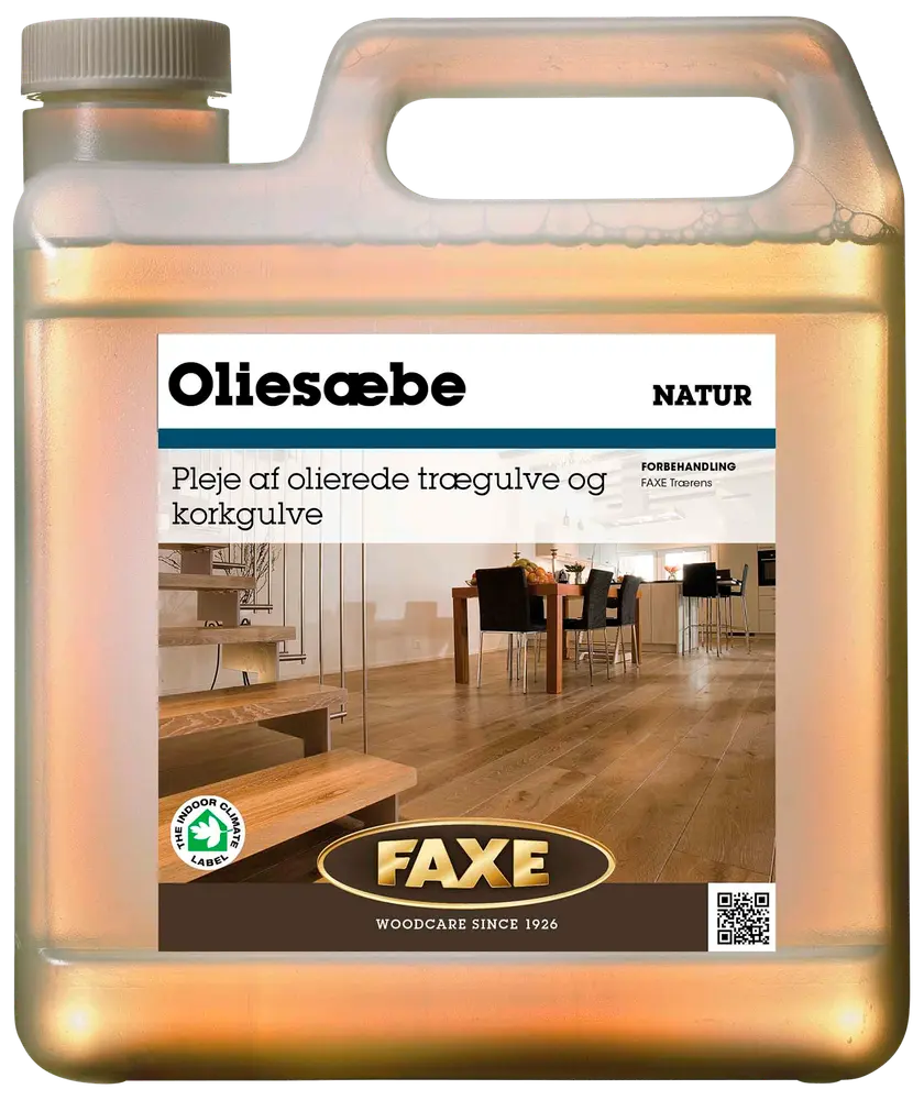 FAXE Oliesæbe Natur, 2,5L plastdunk, til pleje og rengøring af olierede trægulve og korkgulve. Indendørs brug, med praktisk håndtag og skruelåg.
