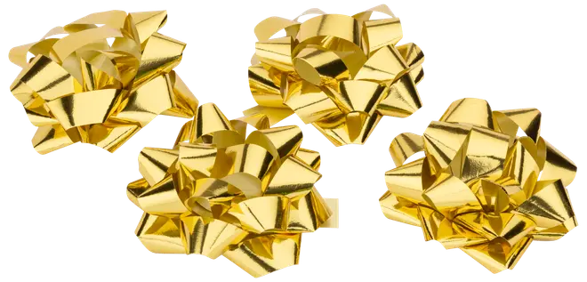 Sæt med fire skinnende guld gavebåndssløjfer i klassisk stjerneform, lavet af metallisk bånd. Perfekt til at dekorere gaver til særlige lejligheder.