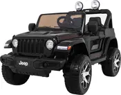 Sort elektrisk legetøjsbil Jeep med store hjul, realistiske detaljer, forlygter, åbent tag og rat. Egnet til børn, designet som en ægte Jeep Rubicon.