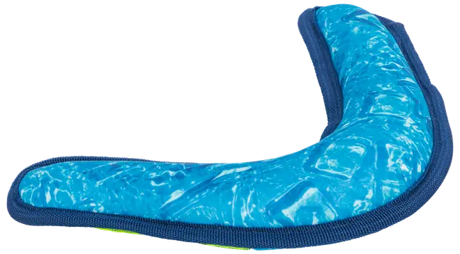 Blått hundleksak i boomerangform med texturerad, vattenliknande yta och förstärkta mörkblå kanter för hållbarhet. Utformad för interaktiv lek och enkel grepp för husdjur.