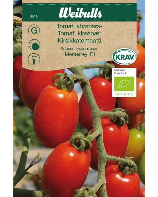 Pakke med økologiske kirsebærtomatfrø, sorten 'Monterrey' F1. Røde, ovalformede tomater på stilk. KRAV-mærket og økologisk certificeret. Til hjemmehavebrug.