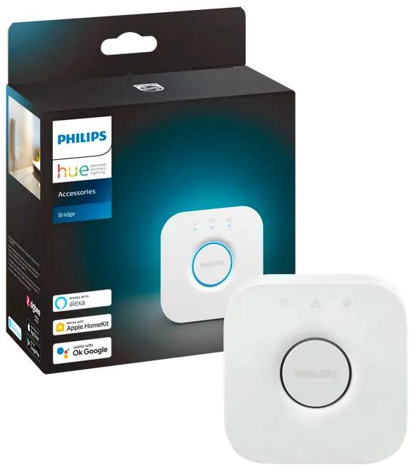 Philips Hue Bridge smart belysningshub, hvid firkantet enhed med rund knap og LED-indikatorer, kompatibel med Alexa, Apple HomeKit og Google Assistant. Inkluderer detailæske.