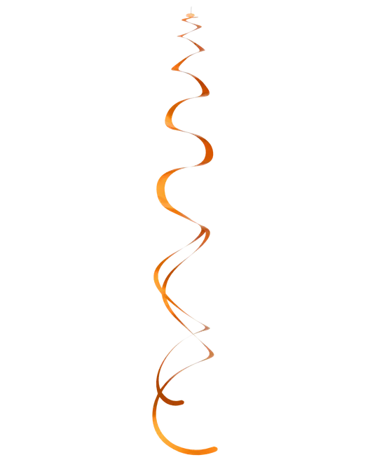 Lång, metallisk orange spiralhängdekoration, lätt och glansig, perfekt för fest eller firande. Cirka 60 cm utdragen. Passar för inomhusbruk.