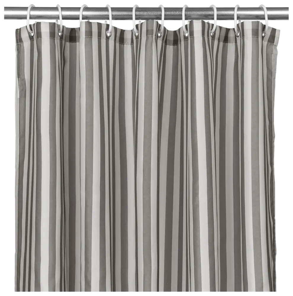 Grå og hvid stribet badeforhæng med lodrette linjer, lavet af vandafvisende stof. Har metaløjer til ophæng. Moderne design, der passer til de fleste badeværelser.