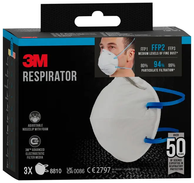 Æske med 3M respiratormasker, model 8810, FFP2-klassificeret, hvid med blå stropper, justerbar næseklemme, avanceret elektrostatiske filter, til medium støvfiltrering, 3 masker inkluderet.