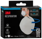 Förpackning med 3M andningsskydd, modell 8810, FFP2-klass, vit med blå band, justerbar näsbygel, avancerat elektrostatiskt filter, för medelnivå av damm, 3 masker ingår.