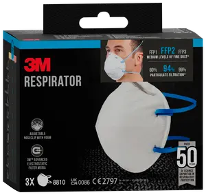 Æske med 3M respiratormasker, model 8810, FFP2-klassificeret, hvid med blå stropper, justerbar næseklemme, avanceret elektrostatiske filter, til medium støvfiltrering, 3 masker inkluderet.