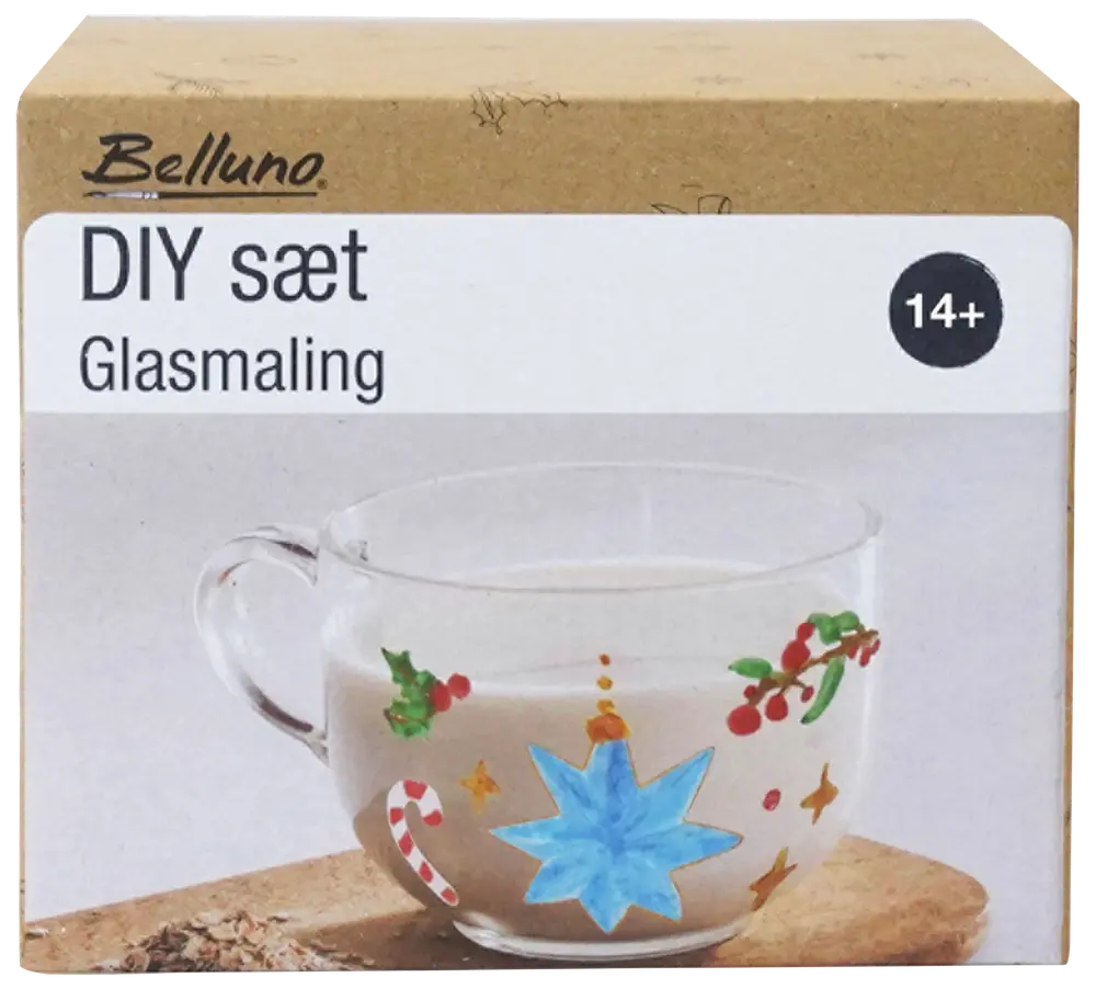 DIY glas målningsset för 14+, innehåller klar glas kopp och färger för dekoration med festliga motiv som stjärnor, järnek, polkagris och ornament.