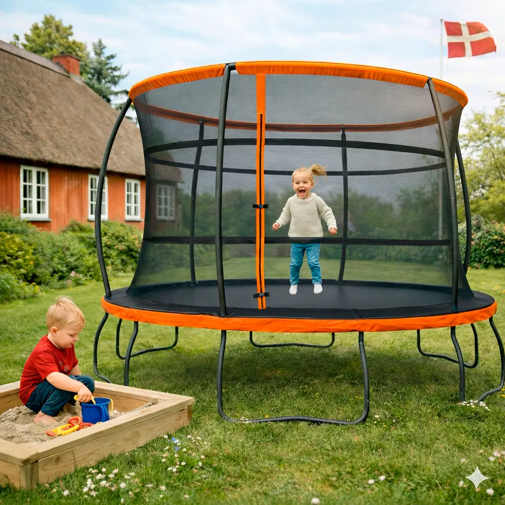 Rund studsmatta för utomhusbruk med orange skyddskant och svart nät, metallben. Har dragkedjeöppning för säkerhet. Passar barn, perfekt för trädgården.