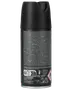 Sort deodorant spraydåse, 150 ml, med trykknap. Bagsiden viser detaljeret produktinformation, brugsanvisning og advarsler. Indeholder vegansk og genanvendelig symbol.