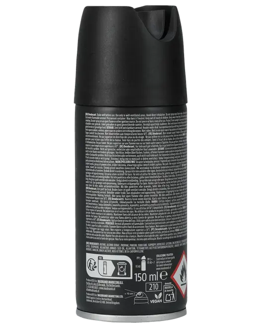 Sort deodorant spraydåse, 150 ml, med trykknap. Bagsiden viser detaljeret produktinformation, brugsanvisning og advarsler. Indeholder vegansk og genanvendelig symbol.
