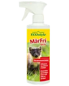 ECOstyle MårFri Spray i hvid flaske med sprayhoved, gul etikette og billede af en mår. Effektivt skræmmemiddel til områder, hvor mår ikke ønskes.