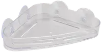 Genomskinlig hörnhylla i plast för dusch med tre sugproppar för väggmontering. Har dräneringshål och upphöjda kanter för säker förvaring av hygienartiklar.