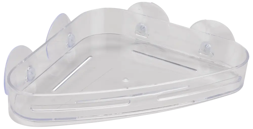 Genomskinlig hörnhylla i plast för dusch med tre sugproppar för väggmontering. Har dräneringshål och upphöjda kanter för säker förvaring av hygienartiklar.