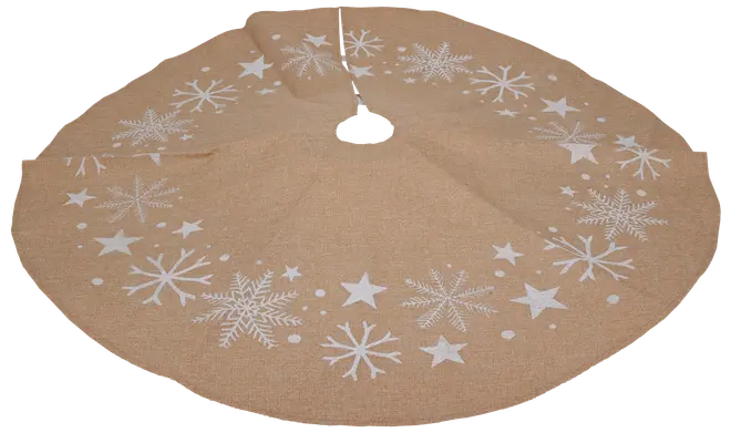 Rund juletræsskjorte af jute med hvide snefnug og stjernemønstre, central hul og åbning for nem placering, festlig design, naturlig brun farve, blødt stof.